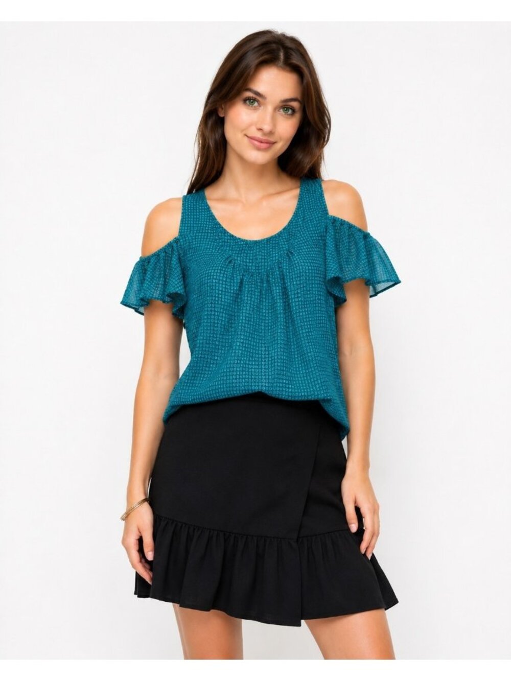 Maeve Anthropologie Teal Gingham Flutter Sleeve Sheer Blouse Sz 10 Cold Shoulder